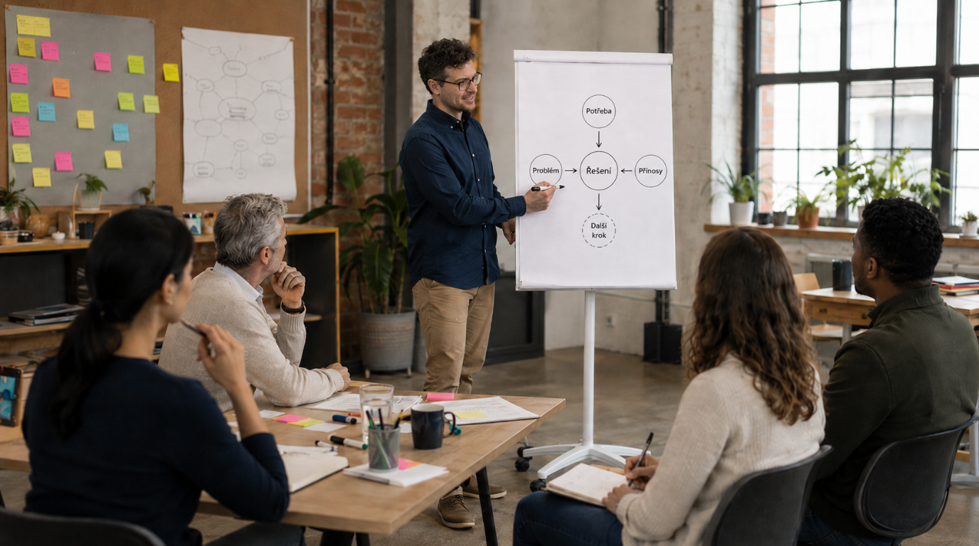 Pojízdný flipchart ve workshopovém prostředí